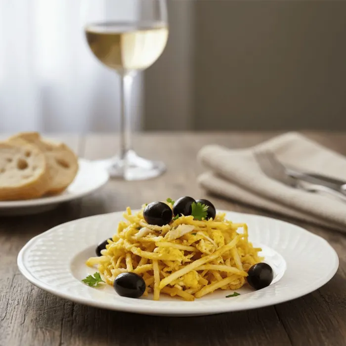 Bacalao a la Dourada (à Brás) con patata paja, huevo, perejil y aceitunas negras